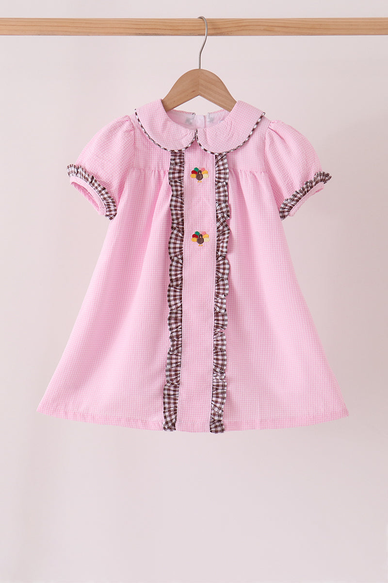 Pink Turkey Embroidery Ruffle Gingham Dress