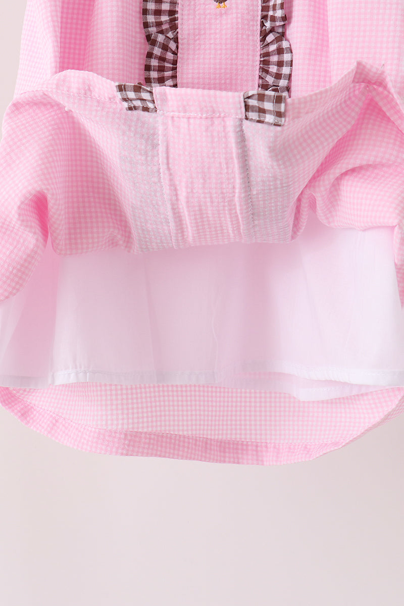 Pink Turkey Embroidery Ruffle Gingham Dress