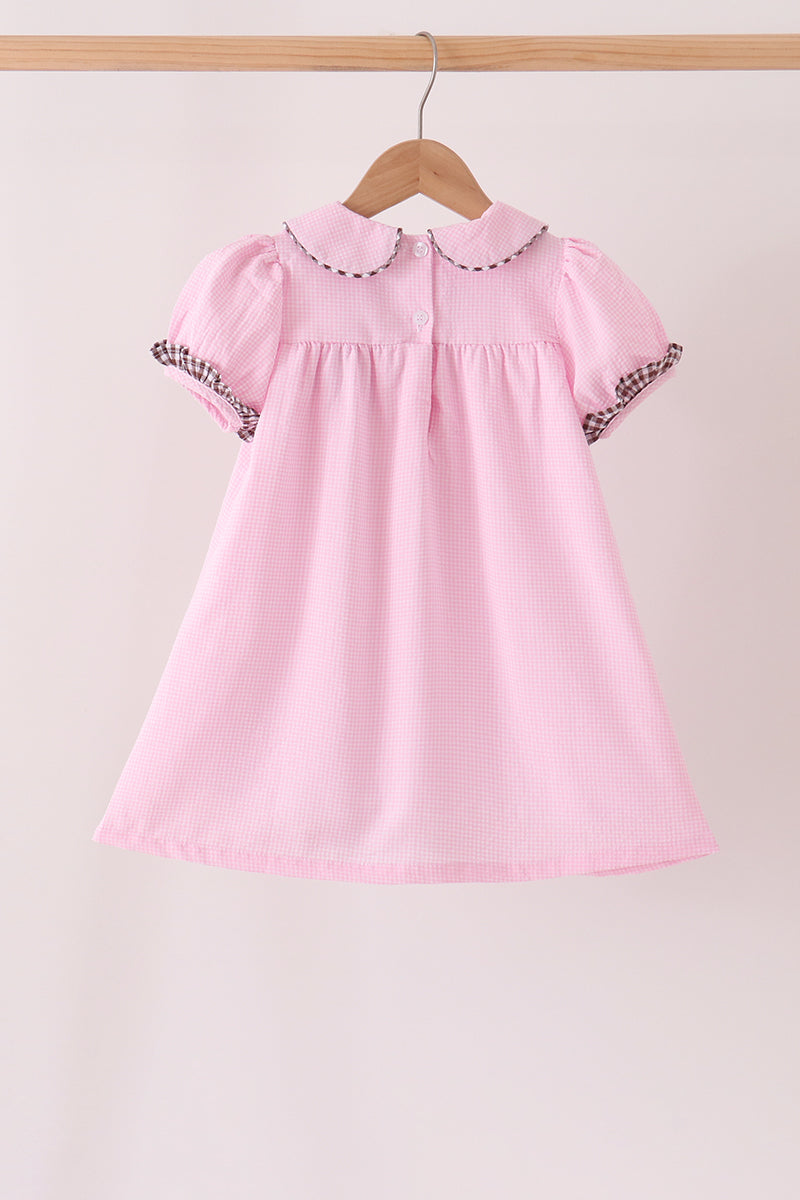 Pink Turkey Embroidery Ruffle Gingham Dress