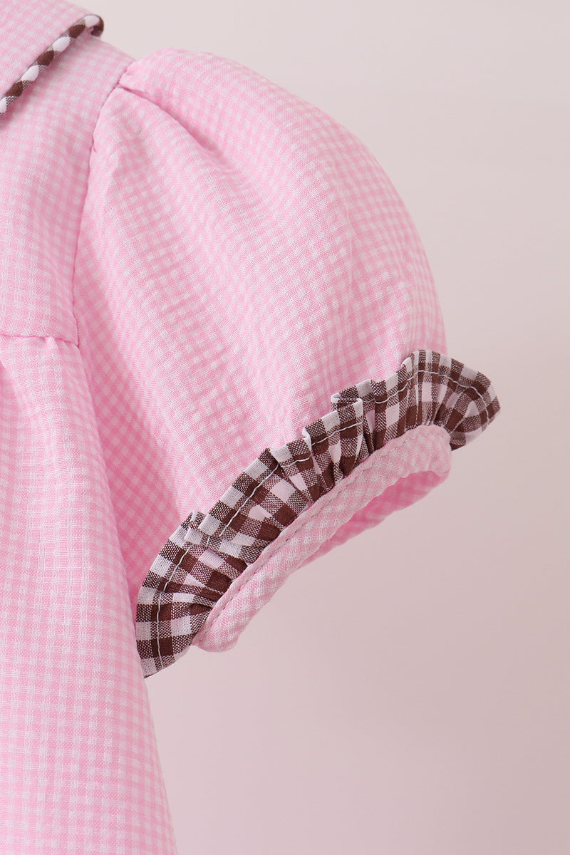 Pink Turkey Embroidery Ruffle Gingham Dress