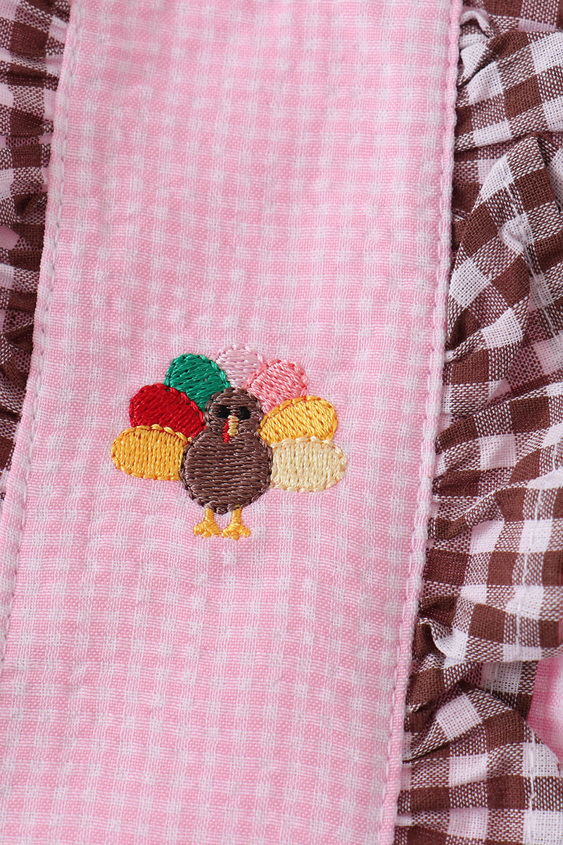 Pink Turkey Embroidery Ruffle Gingham Dress