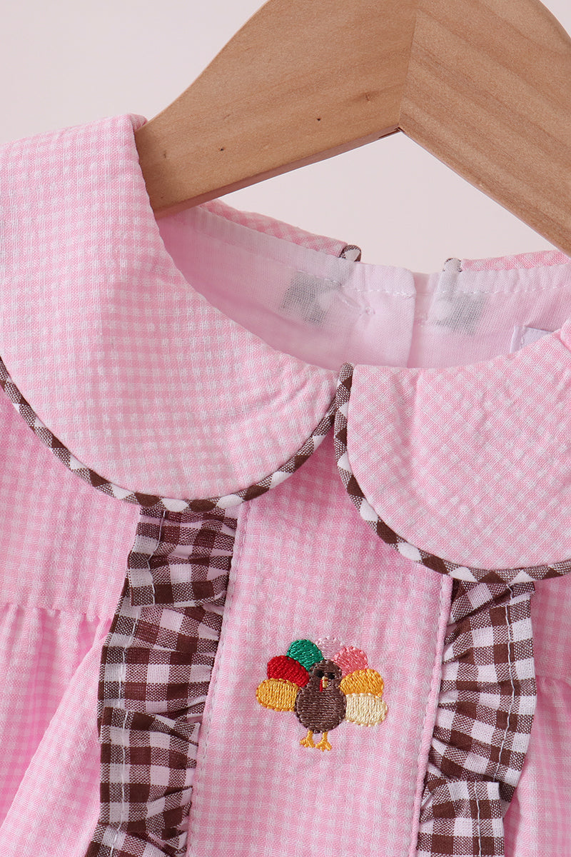 Pink Turkey Embroidery Ruffle Gingham Dress