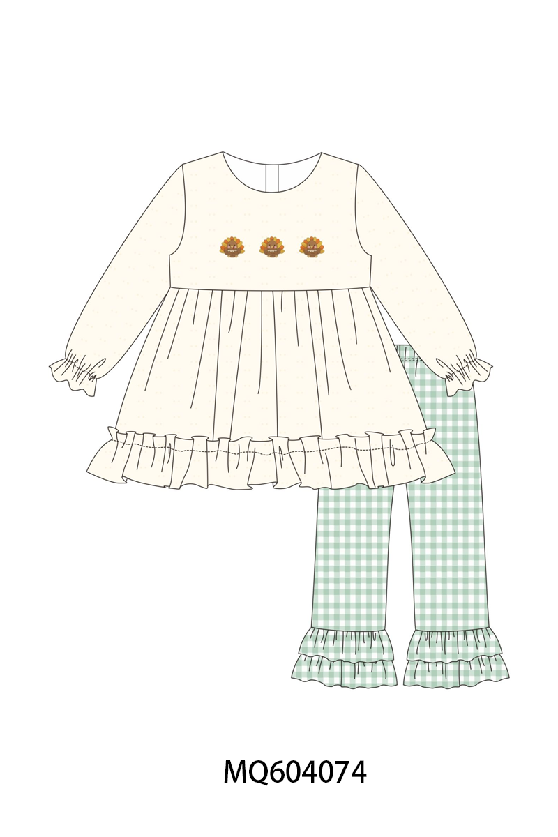 Beige Turkey Embroidery Ruffle Pants Set