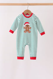 Green Stripe Gingerbread Embroidery Romper