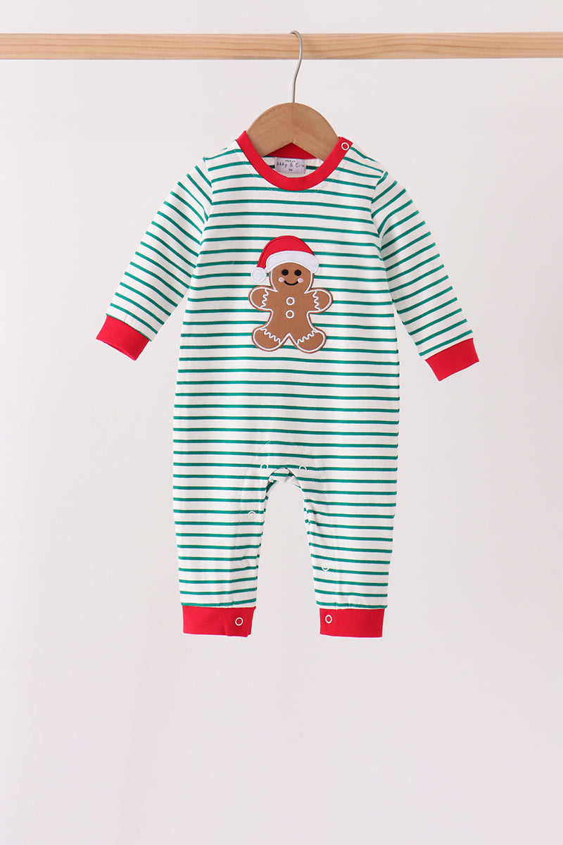 Green Stripe Gingerbread Embroidery Romper