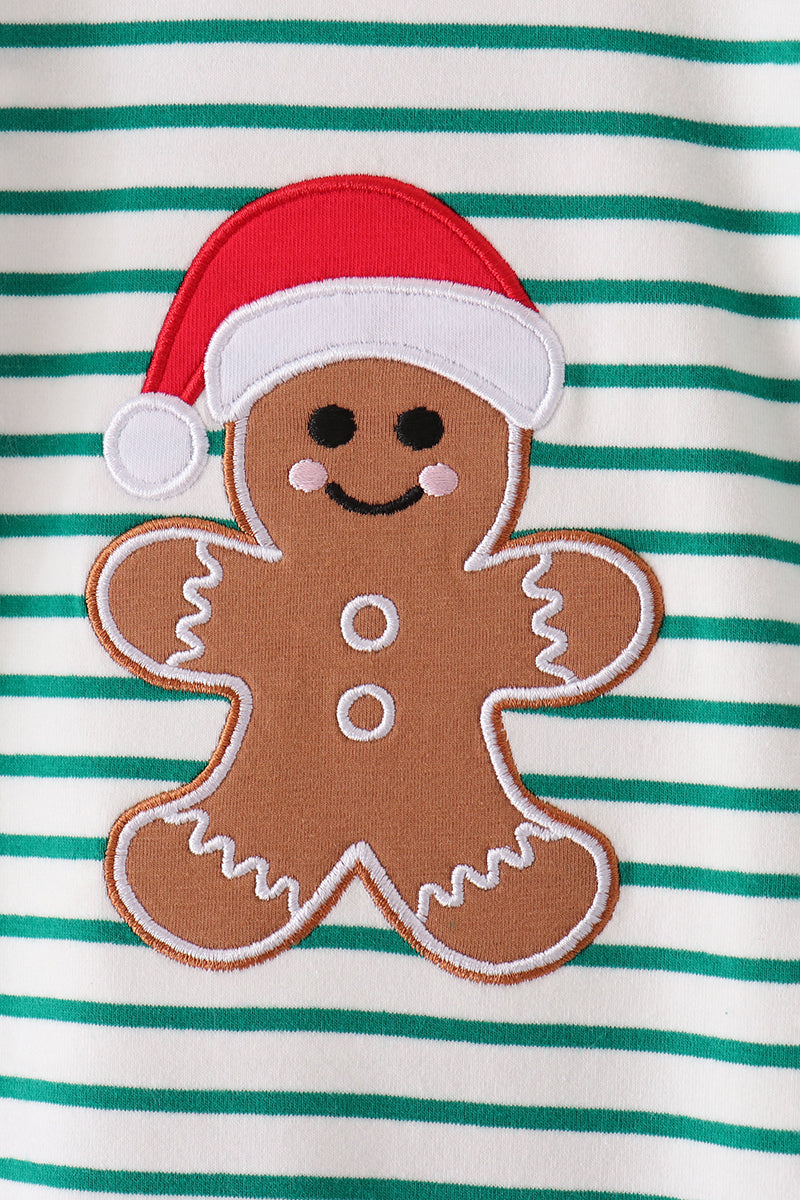 Green Stripe Gingerbread Embroidery Romper