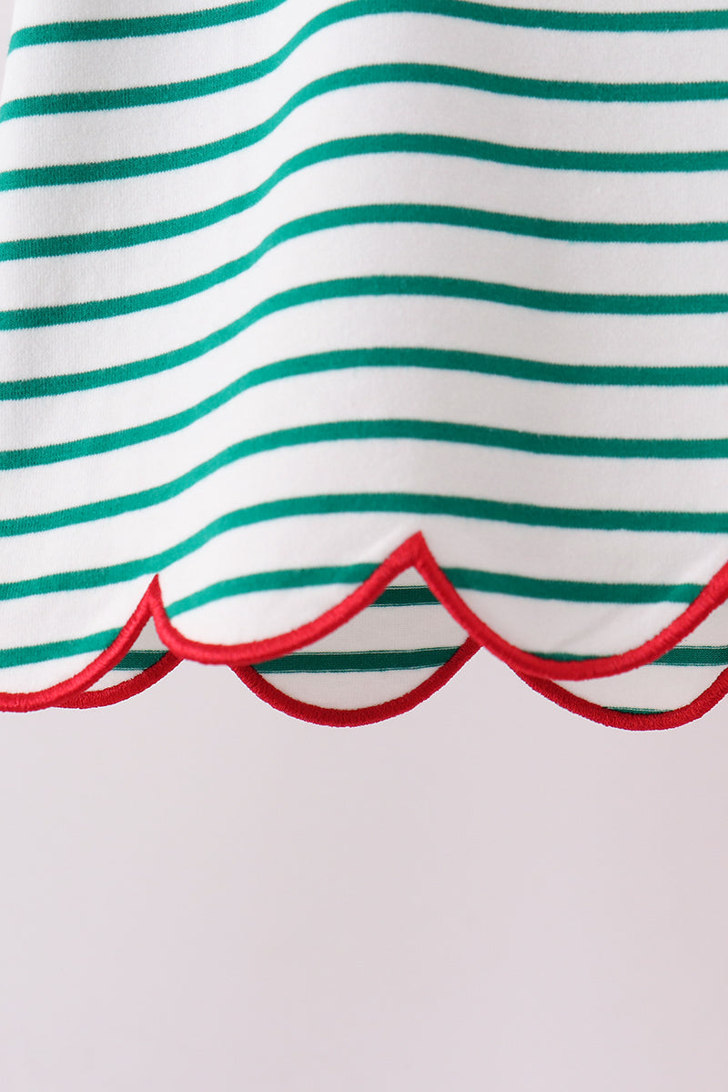 Green Stripe Gingerbread Embroidery Scalloped Pants Set
