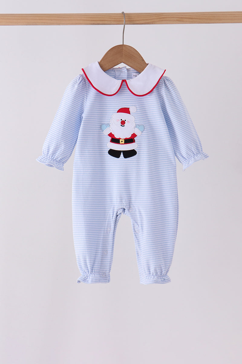 Blue Stripe Santa Embroidery Ruffle Romper