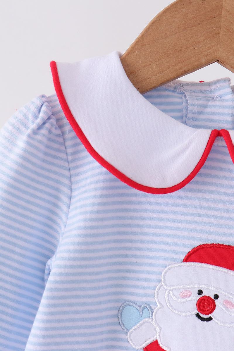 Blue Stripe Santa Embroidery Ruffle Romper