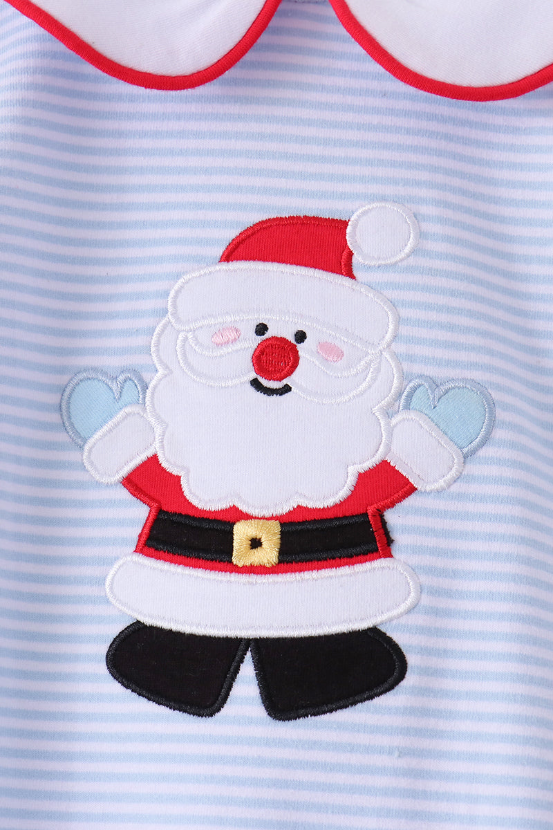Blue Stripe Santa Embroidery Ruffle Romper