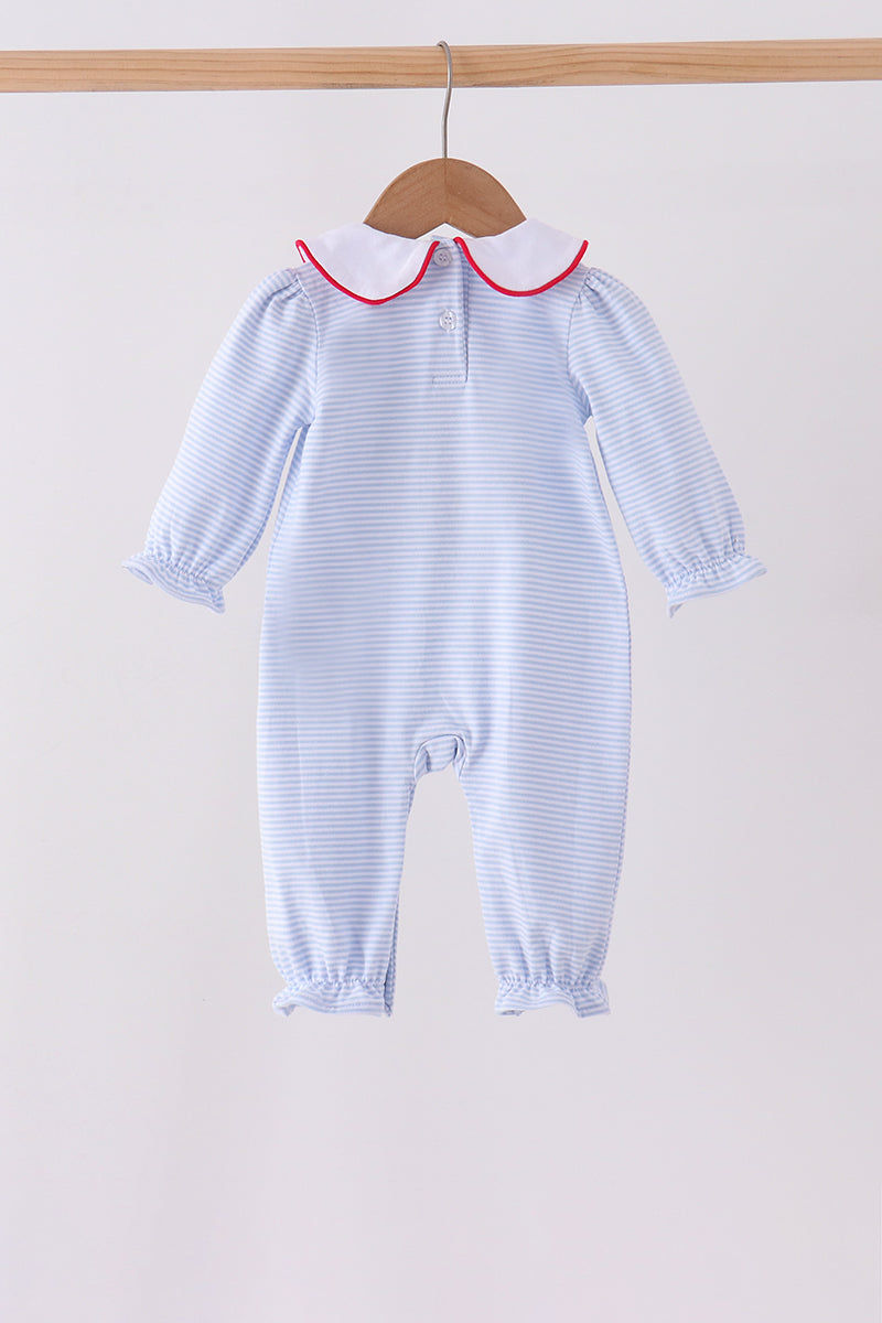 Blue Stripe Santa Embroidery Ruffle Romper