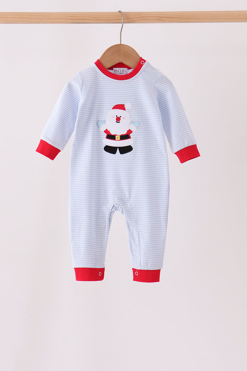 Blue Stripe Santa Embroidery Romper