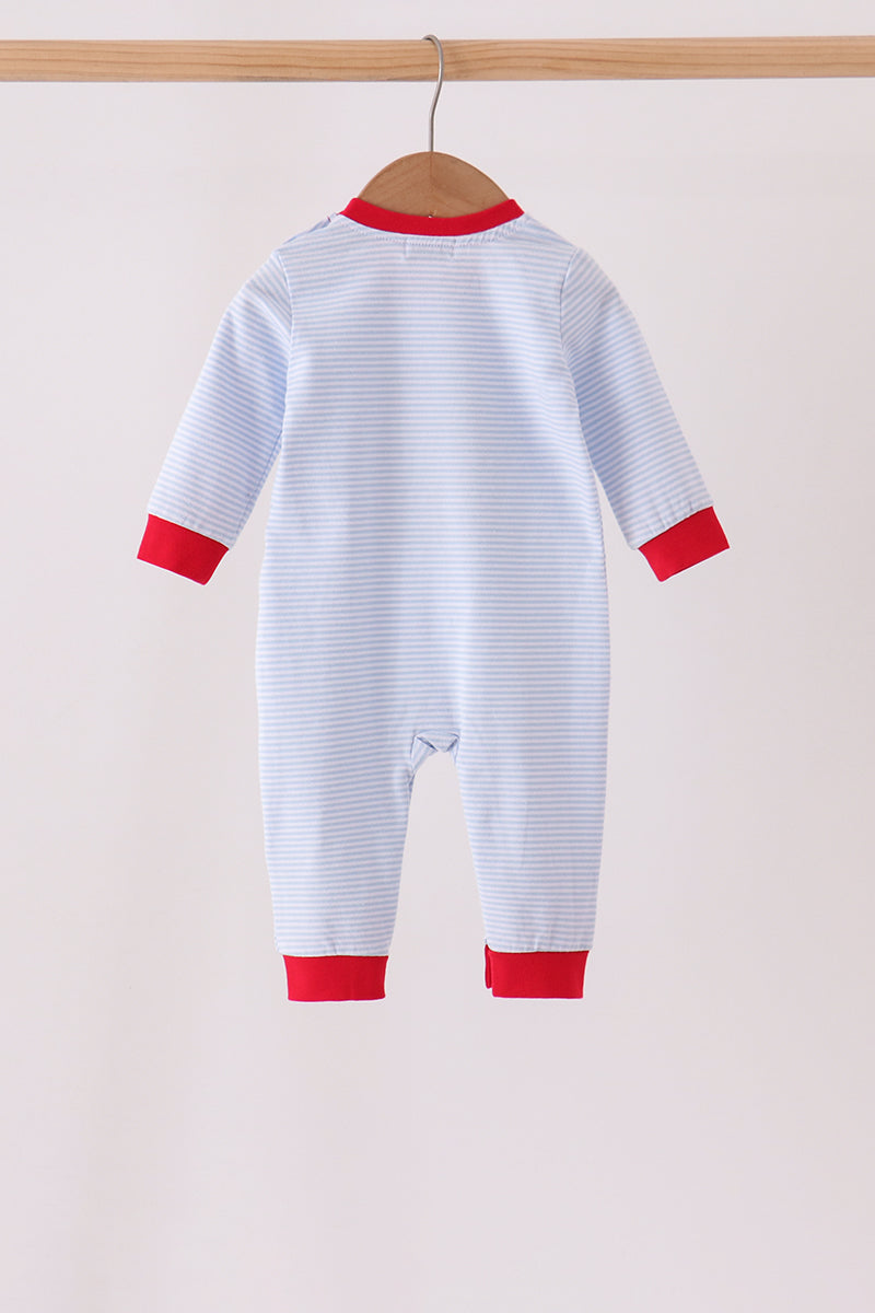 Blue Stripe Santa Embroidery Romper