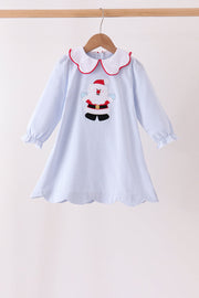 Blue Christmas Santa Embroidery Stripe Dress
