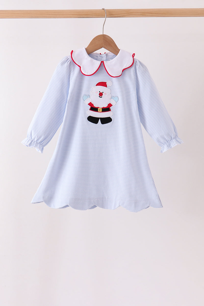 Blue Christmas Santa Embroidery Stripe Dress