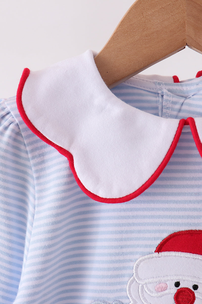 Blue Christmas Santa Embroidery Stripe Dress