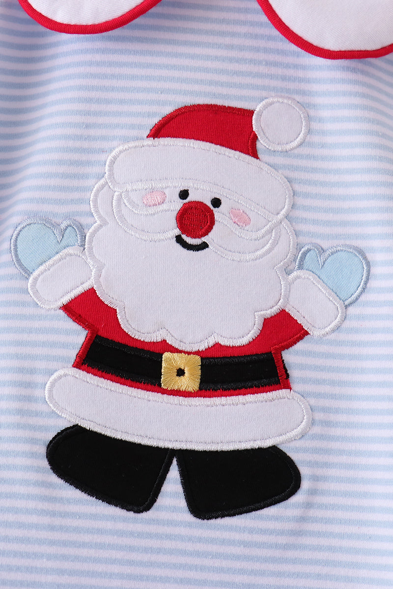 Blue Christmas Santa Embroidery Stripe Dress