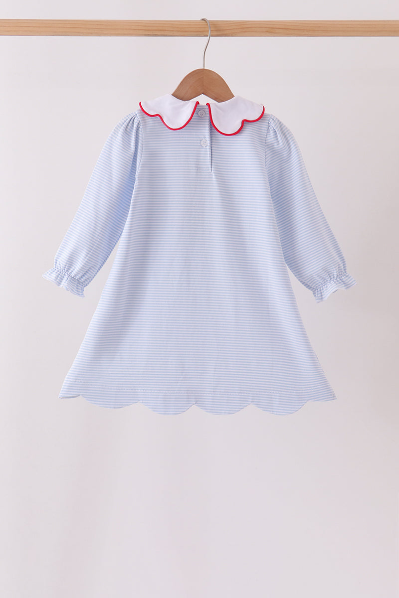 Blue Christmas Santa Embroidery Stripe Dress