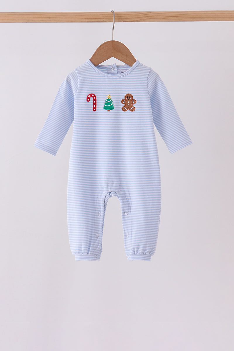 Blue Christmas Tree Gingerbread Embroidery Stripe Romper