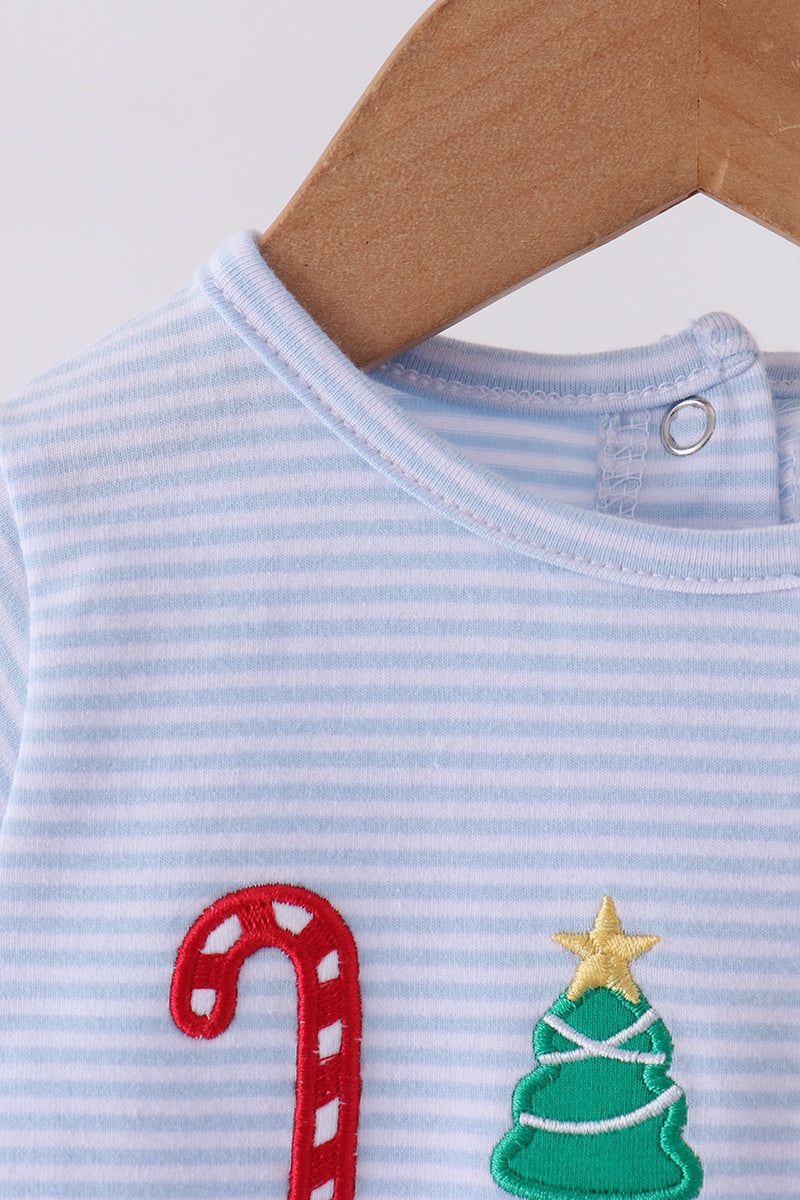 Blue Christmas Tree Gingerbread Embroidery Stripe Romper