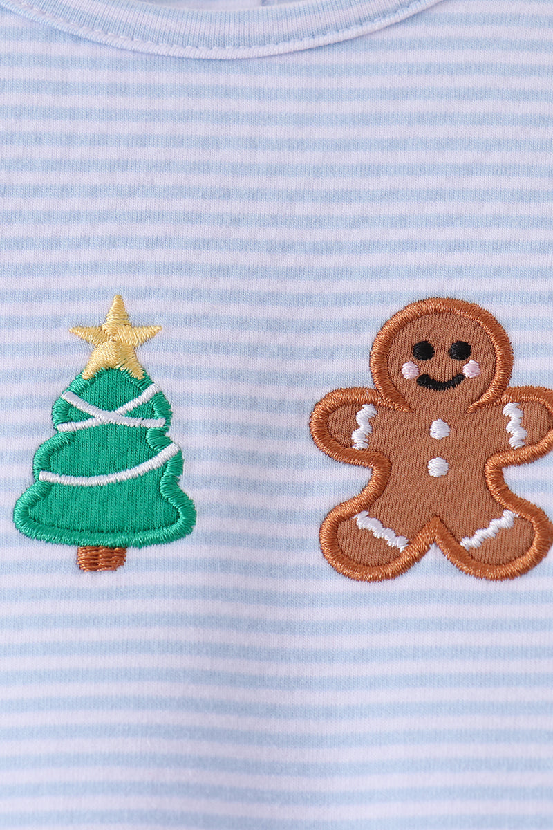 Blue Christmas Tree Gingerbread Embroidery Stripe Romper