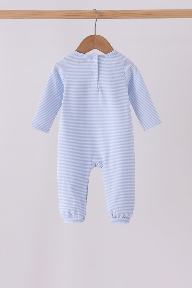Blue Christmas Tree Gingerbread Embroidery Stripe Romper