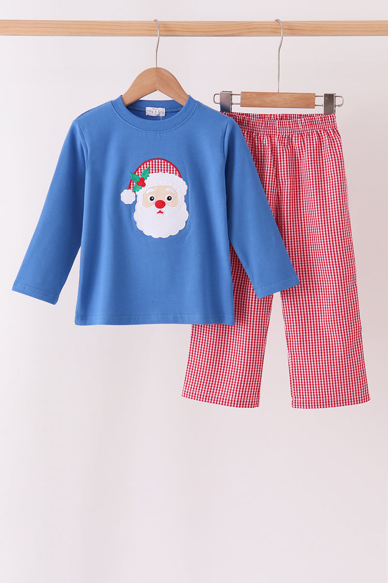 Blue Santa Embroidery Gingham Pants Set
