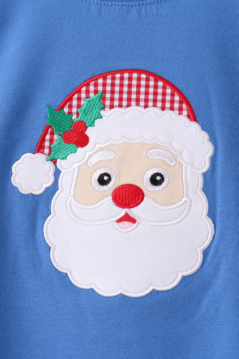 Blue Santa Embroidery Gingham Pants Set