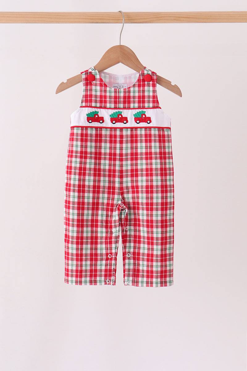 Red Christmas Tree Truck Embroidery Plaid Jonjon