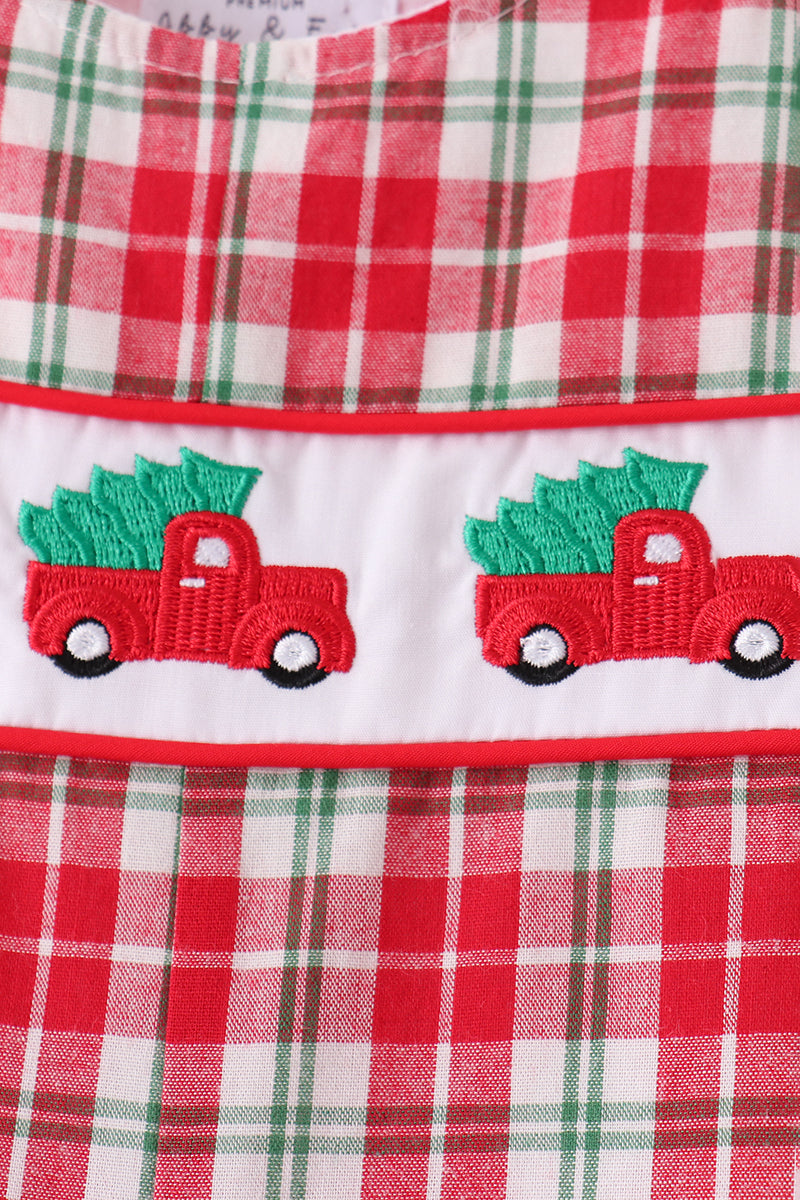Red Christmas Tree Truck Embroidery Plaid Jonjon