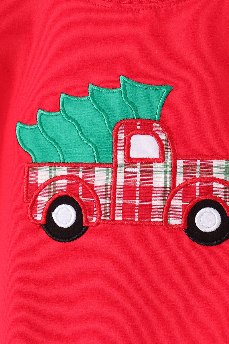 Red Christmas Tree Truck Embroidery Plaid Pants Set