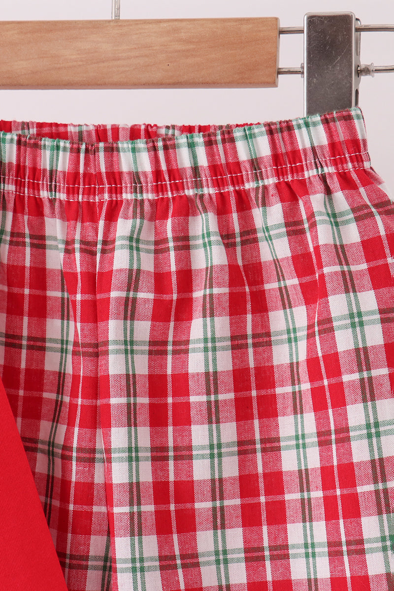 Red Christmas Tree Truck Embroidery Plaid Pants Set