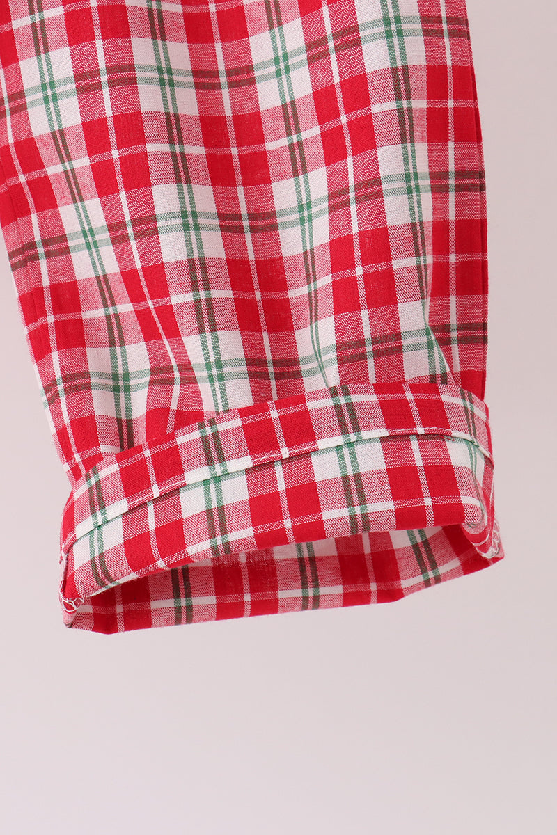 Red Christmas Tree Truck Embroidery Plaid Pants Set
