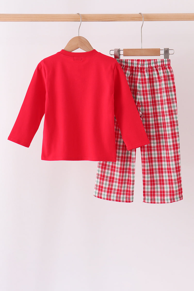 Red Christmas Tree Truck Embroidery Plaid Pants Set