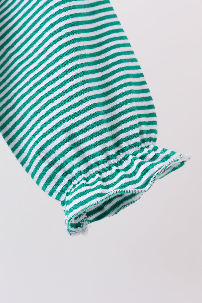 Green Gingerbread Embroidery Stripe Ruffle Romper