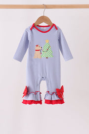 Blue Christmas Tree Puppy Embroidery Stripe Ruffle Romper