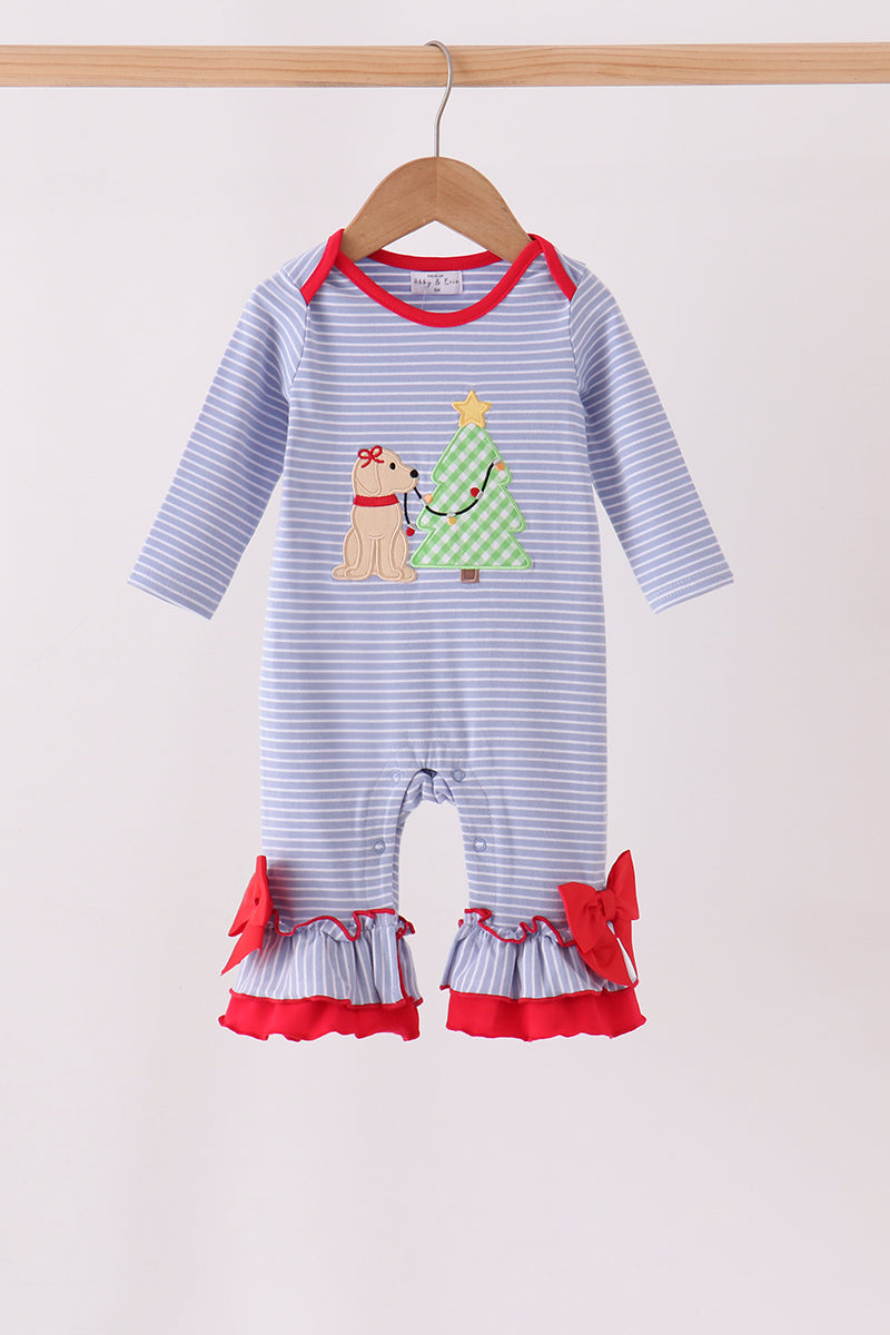 Blue Christmas Tree Puppy Embroidery Stripe Ruffle Romper