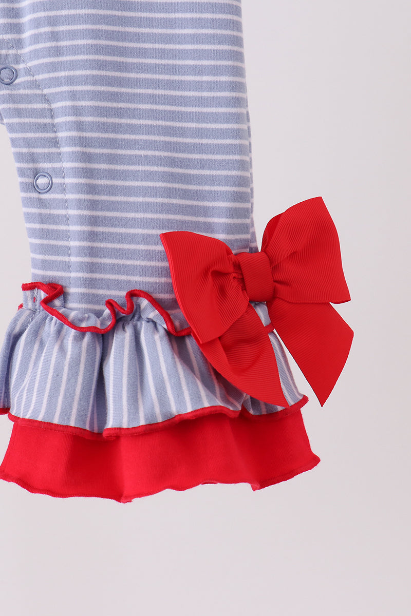 Blue Christmas Tree Puppy Embroidery Stripe Ruffle Romper