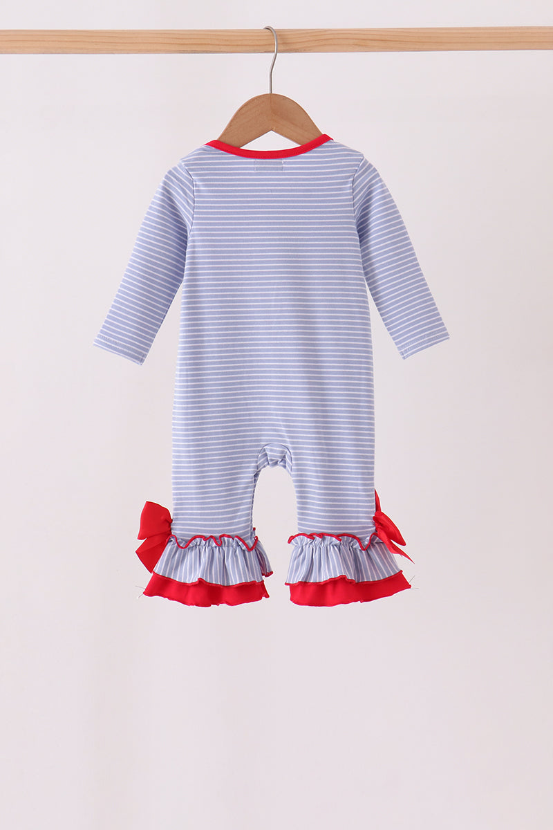 Blue Christmas Tree Puppy Embroidery Stripe Ruffle Romper