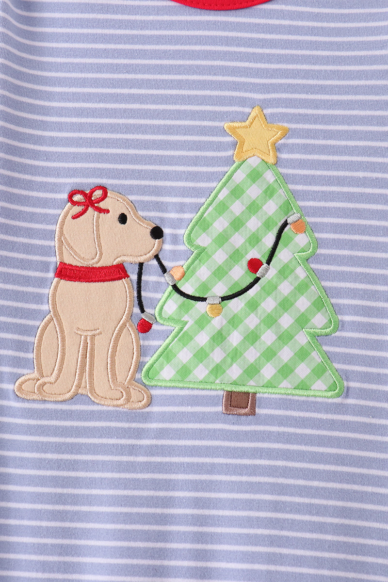 Blue Christmas Tree Puppy Embroidery Stripe Ruffle Romper