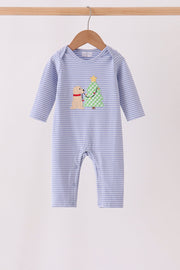 Blue Christmas Tree Puppy Embroidery Stripe Romper