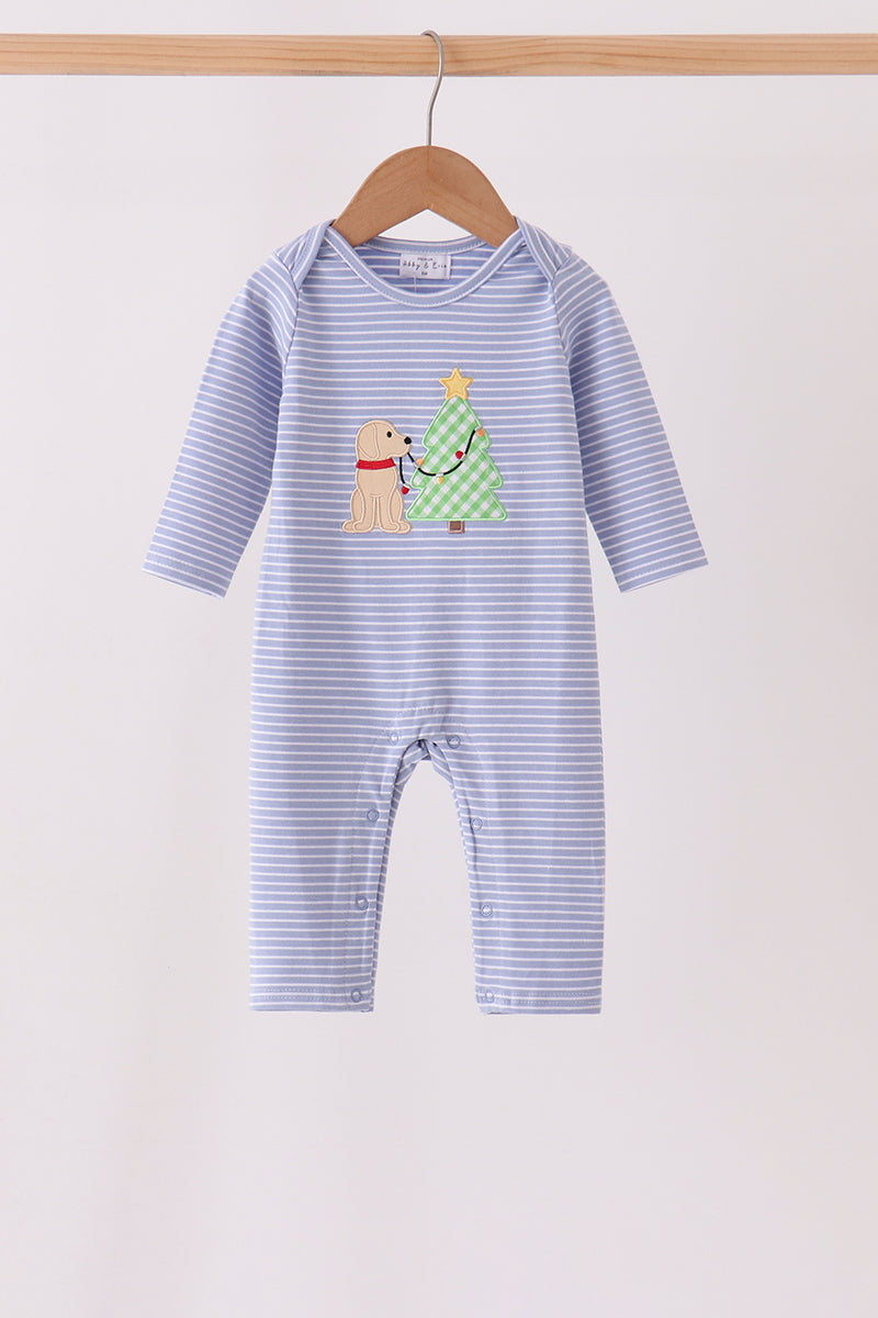 Blue Christmas Tree Puppy Embroidery Stripe Romper