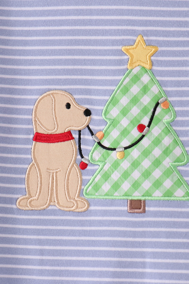 Blue Christmas Tree Puppy Embroidery Stripe Romper