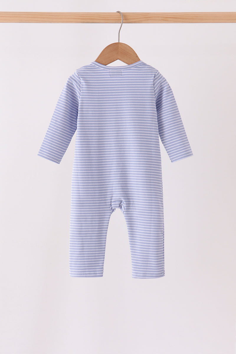 Blue Christmas Tree Puppy Embroidery Stripe Romper
