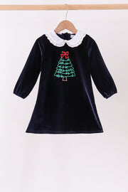 Navy Christmas Tree Embroidery Dress