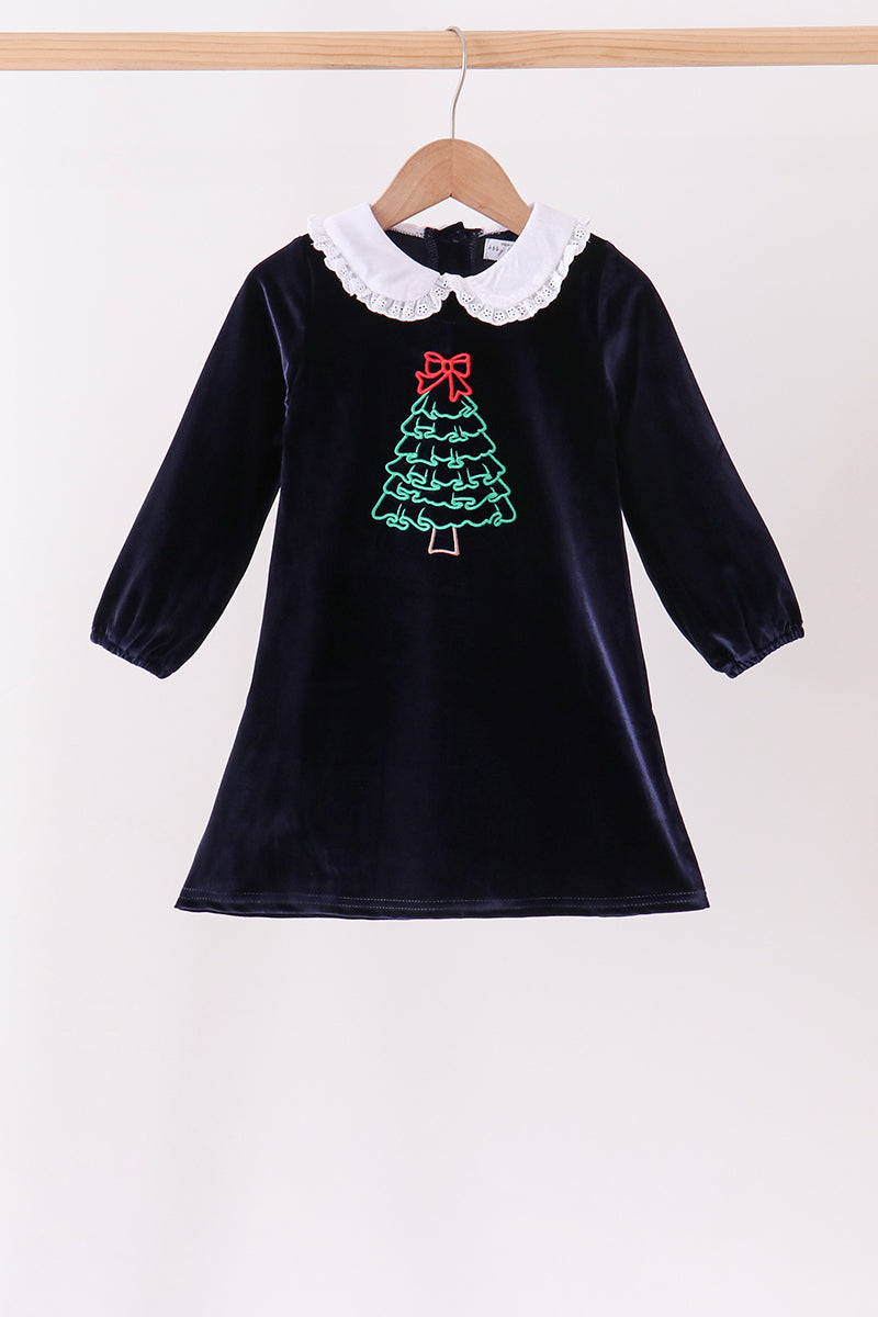 Navy Christmas Tree Embroidery Dress