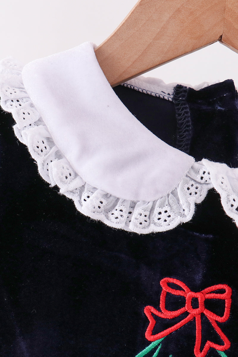 Navy Christmas Tree Embroidery Dress