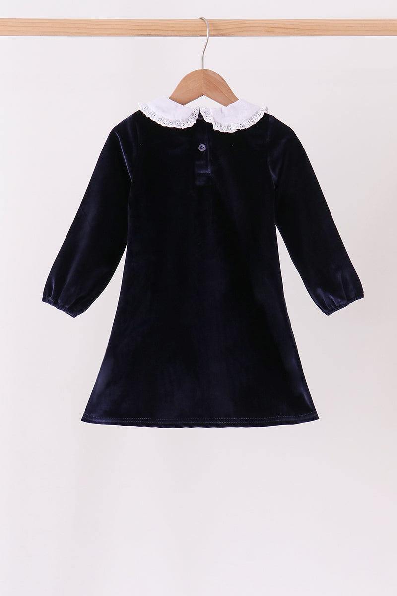 Navy Christmas Tree Embroidery Dress