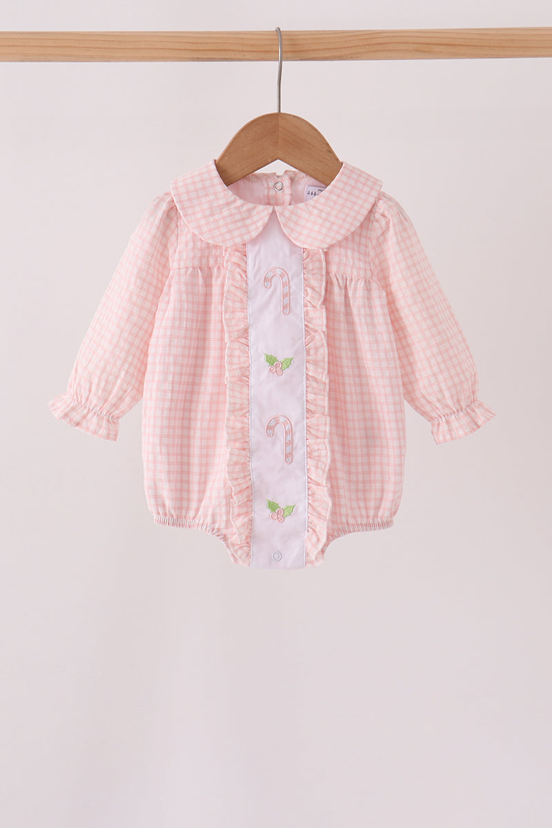 Pink Candy Cane Holly Embroidery Plaid Bubble