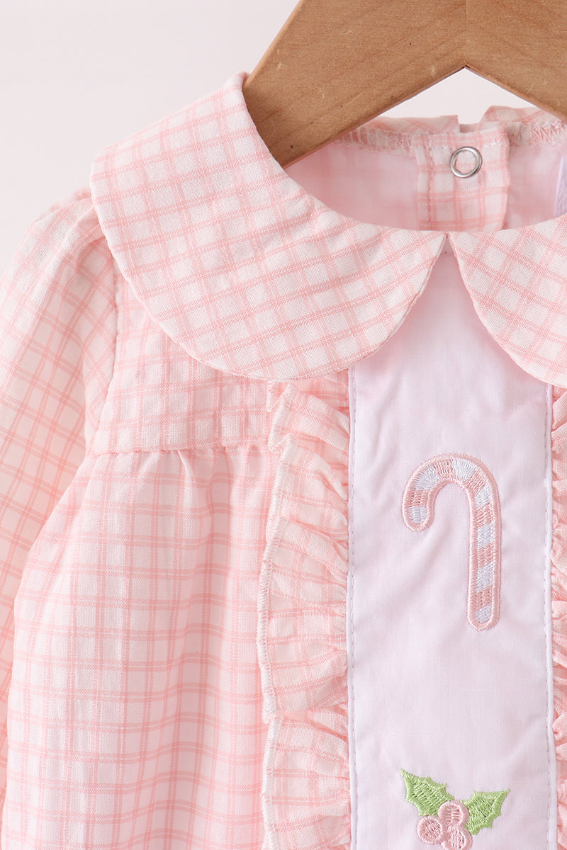 Pink Candy Cane Holly Embroidery Plaid Bubble